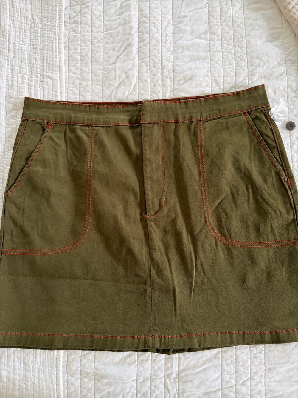 Modcloth Olive Green Mini Skirt with Bright Red Stitching